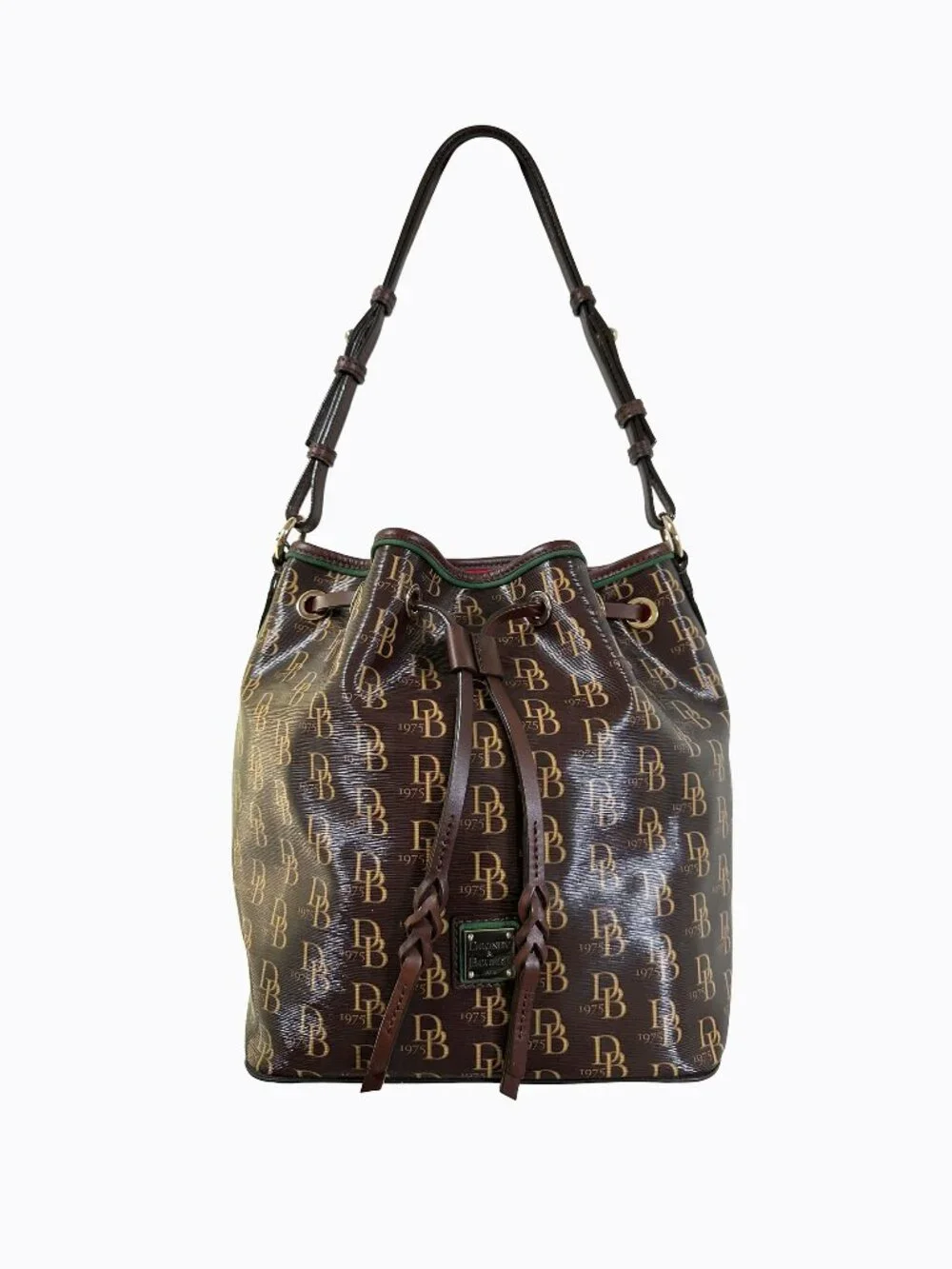 Dooney & Bourke Kendall Drawstring Bucket Bag Signature Monogram Brown Old Money